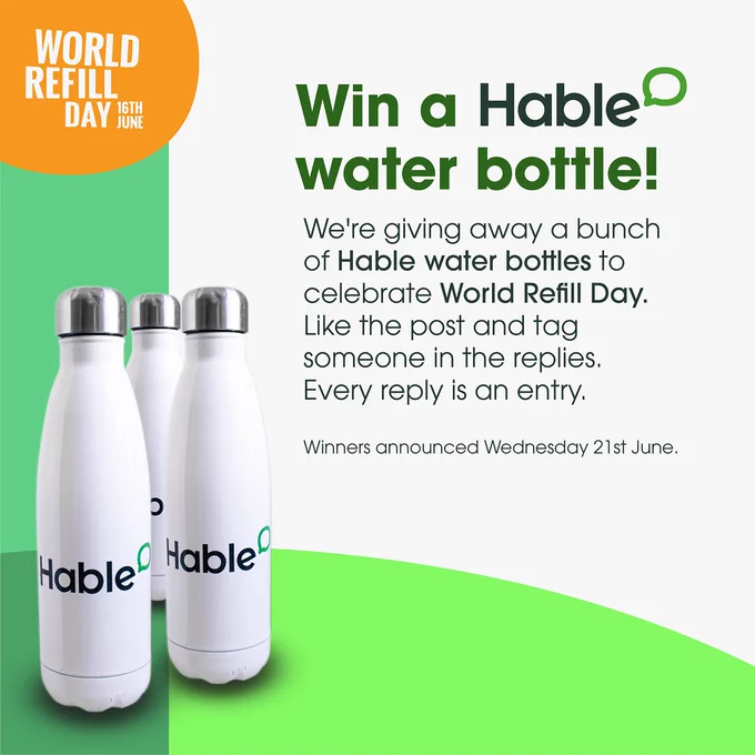 Decorative graphic including pictures of water bottles and text sharing competition details