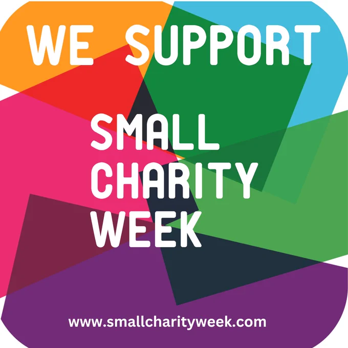 Graphic to support small charity week on colour blocks of yellow, blue, green, purple and pink