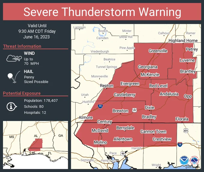 This graphic displays a severe thunderstorm warning plotted on a map. The warning is in effect until 9:30 AM CDT. The warning includes Crestview FL, Atmore AL and Andalusia AL.  This warning is for Butler County in south central Alabama, Crenshaw County in south central Alabama, Escambia County in south central Alabama, Conecuh County in south central Alabama, Covington County in south central Alabama, Northern Okaloosa County in northwestern Florida, Northern Santa Rosa County in northwestern Florida and Northwestern Escambia County in northwestern Florida. The threats associated with this warning are wind gusts up to 70 MPH and penny sized hail. There are 178,407 people in the warning along with 80 schools and 12 hospitals.