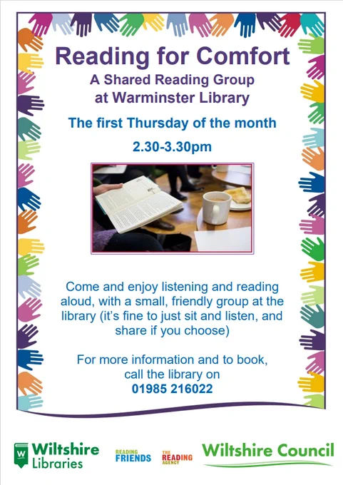 Poster for Reading for Comfort group at Warminster Library