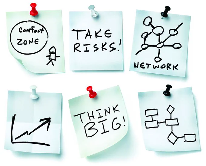 Post it notes with flow charts, think big! Take risks! And comfort zone messages