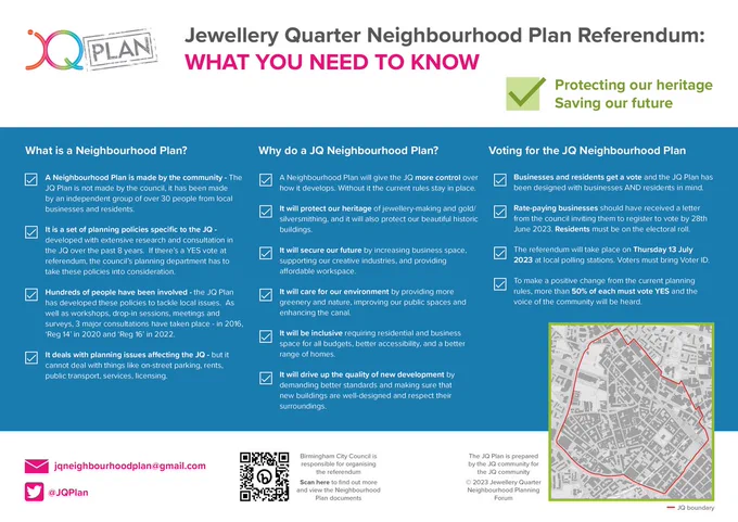 A factsheet about the Jewellery Quarter Neighbourhood Plan which describes what a Neighbourhood Plan is, why one is needed, and how to vote.  For more information go to https://t.co/H4Q4pQLAdz 