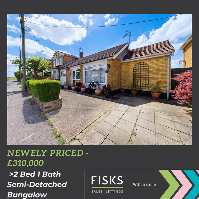 Fisks are proud to present this two bedroom semi-detached bungalow located just a stones' throw from the Canvey Island seafront and other great amenities, this property is also offered with NO ONWARD CHAIN. 
Internally, the property has been maintained to a high standard throughout with all new grey carpets and other improvements, as you entre this property you get a real sense of a property that's been loved, on entry you will find yourself in the spacious hallway which leads to; the great sized master bedroom with built in wardrobes, newly fitted shower room, large modern lounge with sliding patio doors allowing an abundance of natural light to flood the room, moving into the second bedroom which is also a large double room, modern white kitchen with plenty of cupboard space.