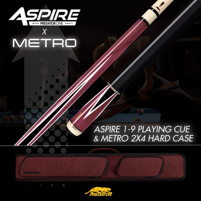 The Aspire 1-9 pool cue is made of natural purpleheart wood with elegant black and white inlays and a sturdy solid maple core for extra stability.