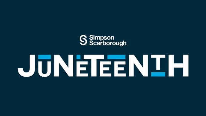 A blue graphic with the words "SimpsonScarborough Juneteenth".