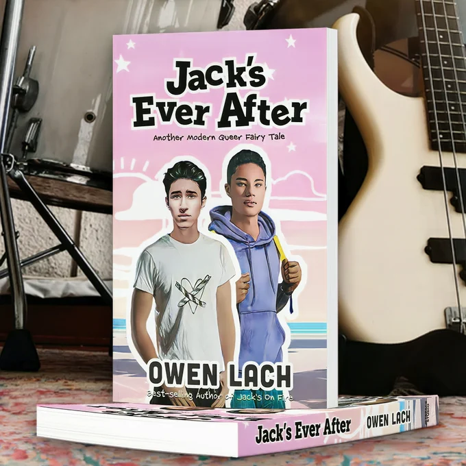 Two paperback copies of Jack's Ever After placed on a carpeted floor before a drum kit and a white electric guitar