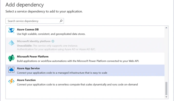 Screenshot of the Visual Studio option to add Azure services to your project in the IDE. 