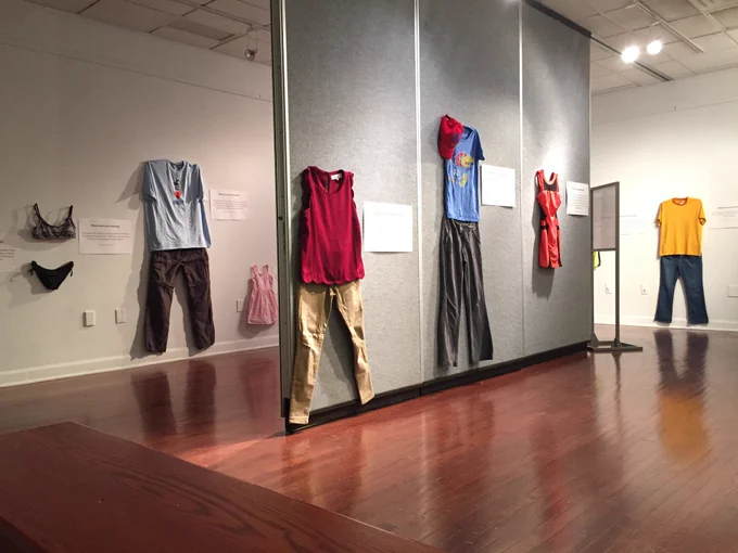 a variety of clothes in different sizes including a t-shirt and jeans, underwear, and children's dresses hung up on the wall.