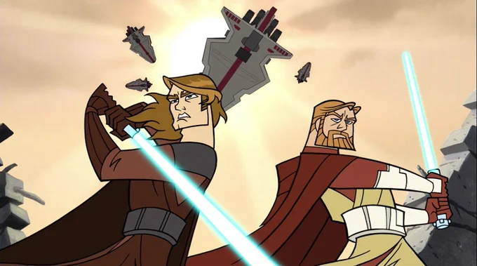 A still from one of the later "Clone Wars" shorts showing Anakin Skywalker and Obi-Wan Kenobi. 