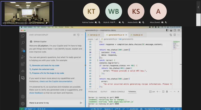 In Visual Studio Code, there are two panels visible. One panel contains the code for building a Meals Metric application, while the other panel showcases Chat GitHub Copilot.