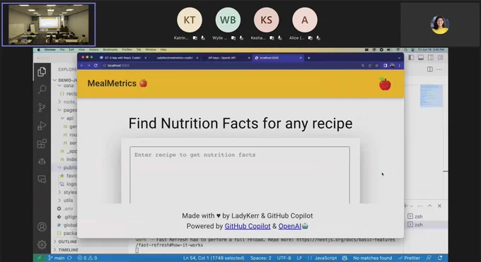 A screenshot displaying the end result of Kenesha and Chat GitHub Copilot's collaboration. The image reveals an application that has been developed to generate nutrition facts for any recipe entered on the website. This application provides users with the ability to obtain detailed nutritional information for various recipes, simply by entering them into the site.