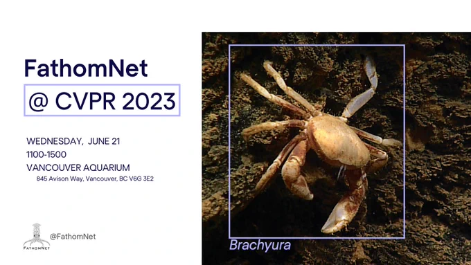 Poster with text on the left and image on the right. Photo features a crab with a bounding box around it and label that says Brachyura. Text reads: FathomNet at CVPR. Wednesday June 21, 1100-1500, Vancouver Aquarium, 845 Avison Way Vancouver BC.