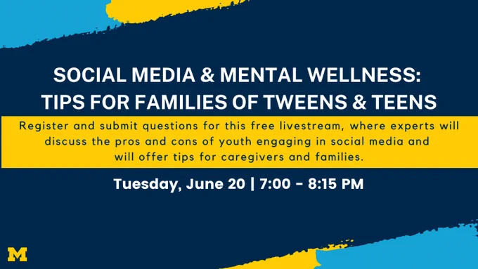 SOCIAL MEDIA & MENTAL WELLNESS: TIPS FOR FAMILIES OF TWEENS & TEENS. Register and submit questions for this free livestream, where experts will discuss the pros and cons of youth engaging in social media and will offer tips for caregivers and families. Tuesday, June 20  from 7:00 - 8:15 PM.
