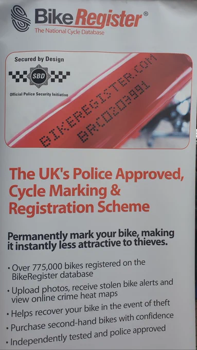Bike register information banner. The UK's police approved cycle marking and registration scheme. 