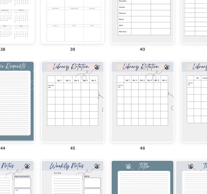 Screenshot of pages in a library planner including calendar pages, notes, and project planning. 