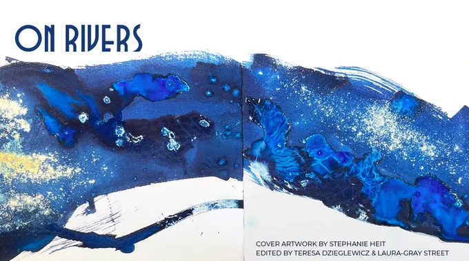 Abstract blue brushstrokes. Title: On Rivers.
