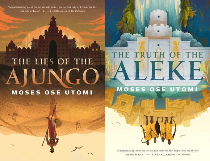 The covers of The Lies of the Ajungo and The Truth of the Aleke, both by Moses Ose Utomi, side-by-side. Both covers feature people in the desert and sand-covered temples. The Truth of the Aleke cover also has a water fall.