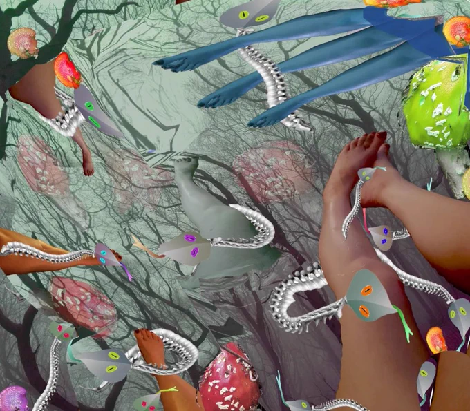 A collage of mixed media, primarily photos captured via a phone. The surreal artwork shows legs and feet of varying colours and snakes which look like they’re made out of curving back spines. Artwork by Tracey Falcon.