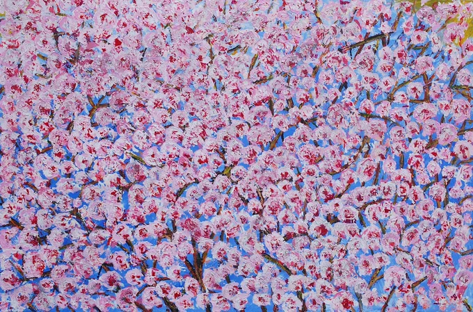Pink cherry blossom painted on a blue background. Artist David Jewkes.
