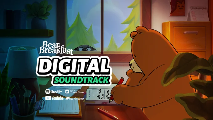 An illustration of Hank the bear seen from the side, inside a small cozy room, sitting at a desk with a pen and paper, lost in thought. Outside, a small Took the raccoon is tiptoeing to see inside. Text on the image reads "Bear and Breakfast Digital Soundtrack".