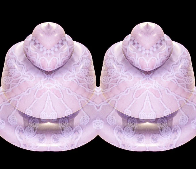 An image of beadwork from the Haudenosaunee Confederacy made in 3D software using images from museum collections of beadwork. Colors include silver, gold, pink, blue, and purple. It looks similar to a shell or a river clam.