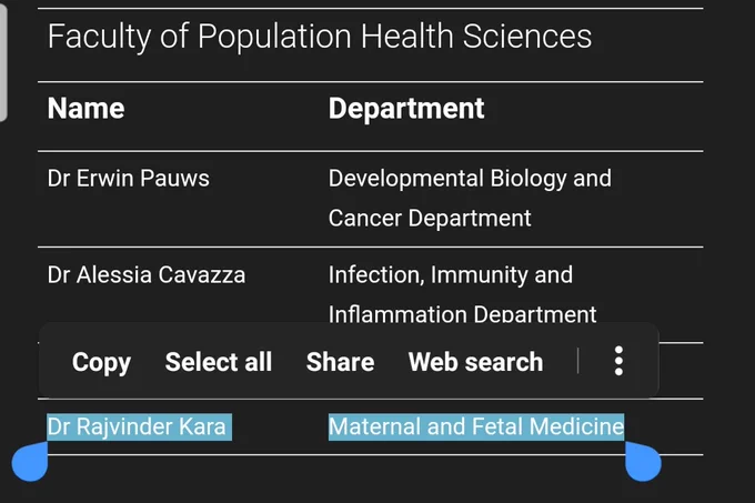 Screenshot of UCL promotions list 2022-2023 showing Dr Rajvinder Karda, Department of Maternal and Fetal Medicine, promoted to Associate Professor