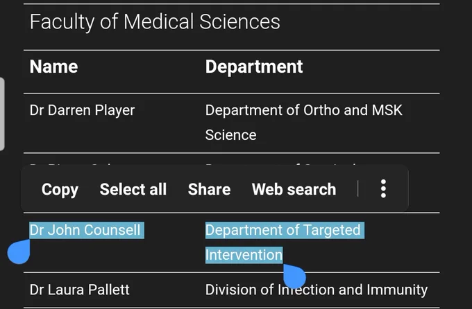 Screenshot of UCL promotions list 2022-2023 showing Dr John Counsell, Department of Targeted Intervention, promoted to Associate Professor