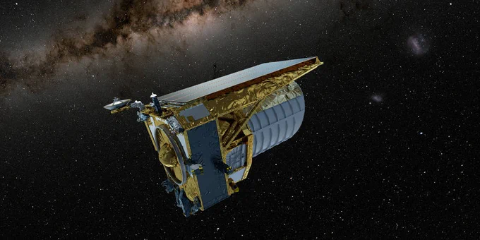 This artist’s concept shows the ESA (European Space Agency) Euclid mission in space. It has a large, rectangular solar panel that serves as a sunshield to protect the cylindrical telescope from the Sun's radiation. The background shows part of the dusty Mlky Way. Credits: ESA, CC BY-SA 3.0 IGO