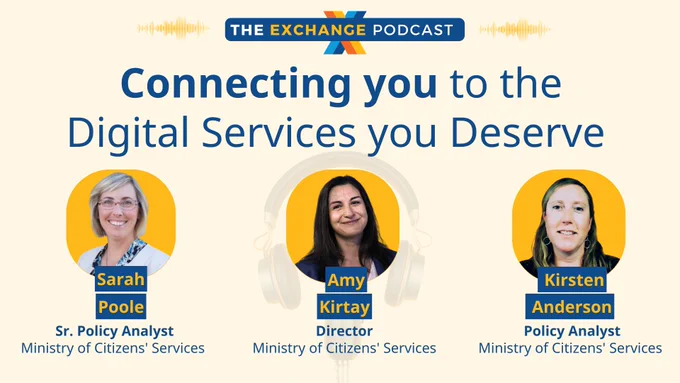 promo poster for The Exchange Podcast featuring Sarah Poole, Amy Kirtay, Kirsten Anderson.
