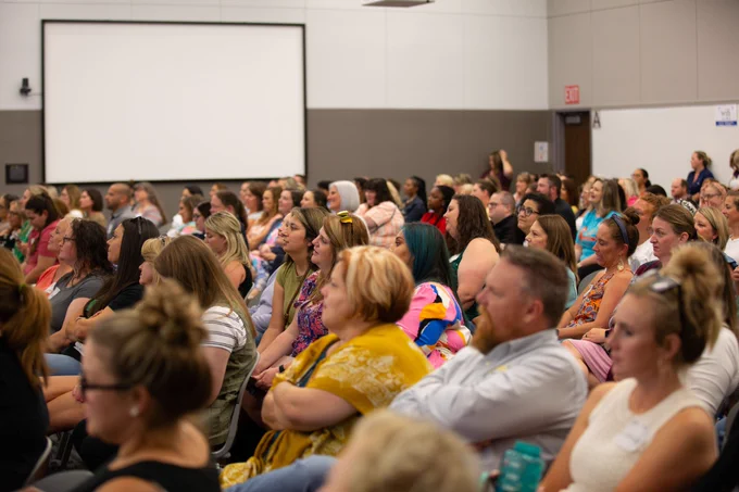 A room full of educators attend Gerry Brooks keynote address at the All Systems Go Conference. 