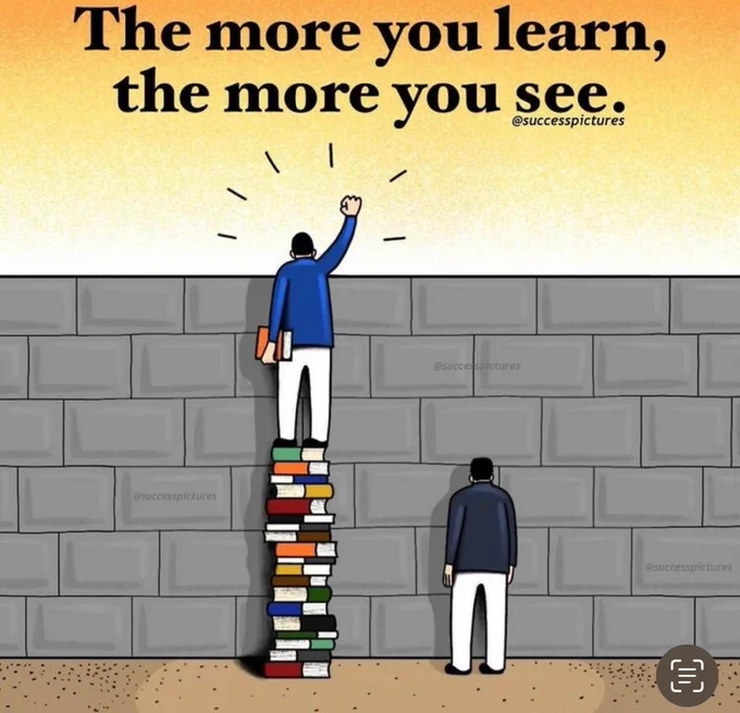 Image of a wall and 2 men behind it. 
One man is stood on top of books and can see over the wall. The other is stood on the floor and is stuck behind the wall. 

The text reads, the more you learn, the more you see. 