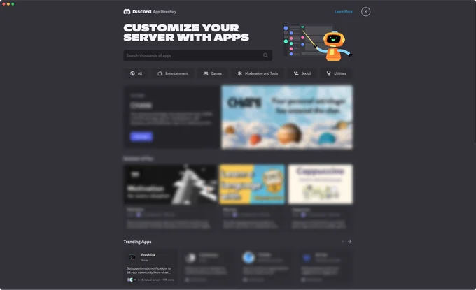 Screenshot of Discord's App Directory showing FreshTok on the homepage