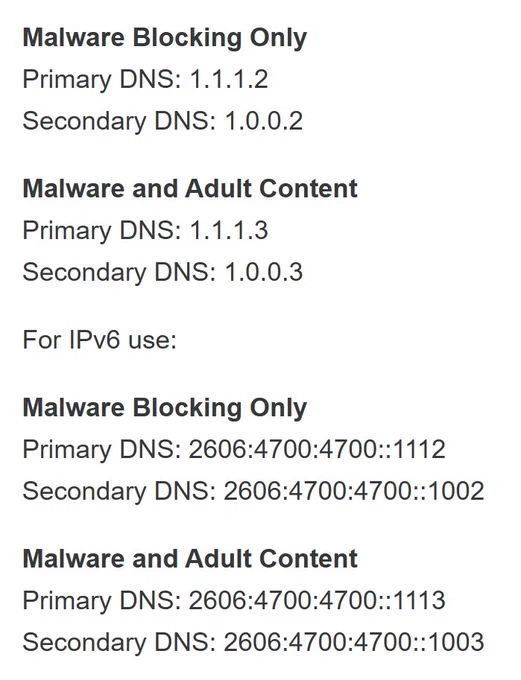Picture containing all of the DNS addresses including IPV6 for DNS servers that block malware.