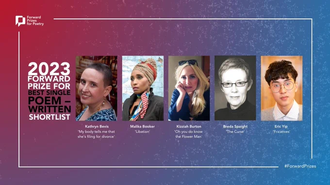 a banner with five photographs on of the poets shortlisted for best single poem - written. The left reads 2023 FORWARD PRIZE FOR BEST SINGLE POEM - WRITTEN SHORTLIST 