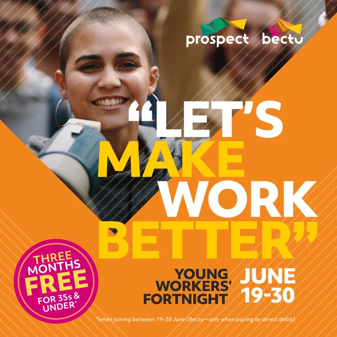Graphic with photo of young worker and text "Let's make work better" "Young workers' fortnight 19-30 June"