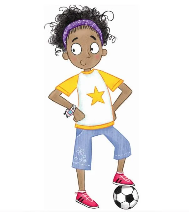 The Summer Reading Challenge character Alesha is stood smiling with her foot placed on a football, and her hands on her hips.