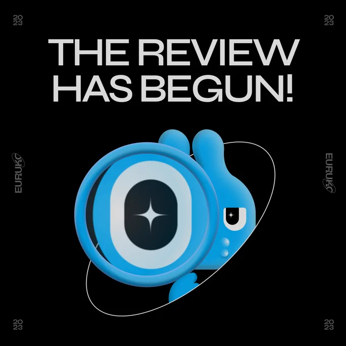 A clipart of a rabbit with a magnifying glass with a text "the review has begun!"