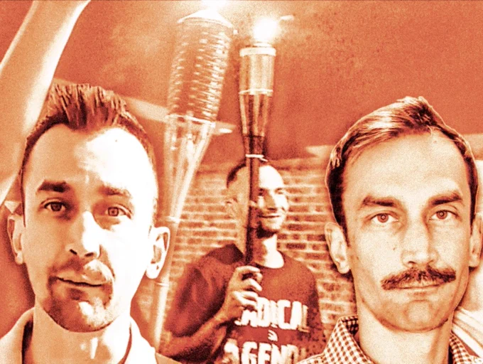 A montage of Sean showing two images of Sean with varying hair styles overlaid on a third image of him carrying a torch at Unite the Right.