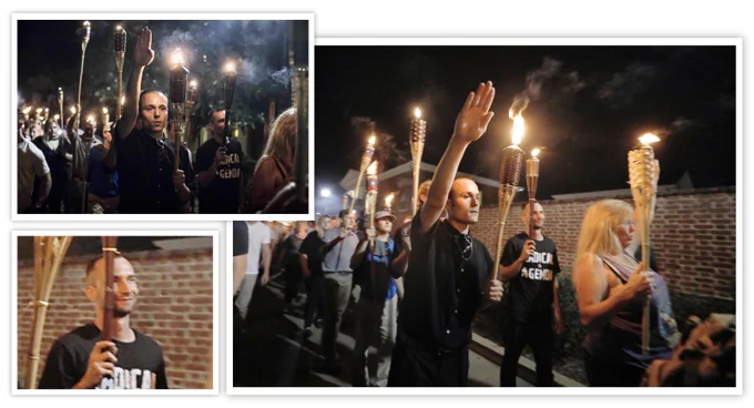 Sean Spaulding seen carrying a torch and wearing a Radical Agenda shirt and marching alongside white supremacists