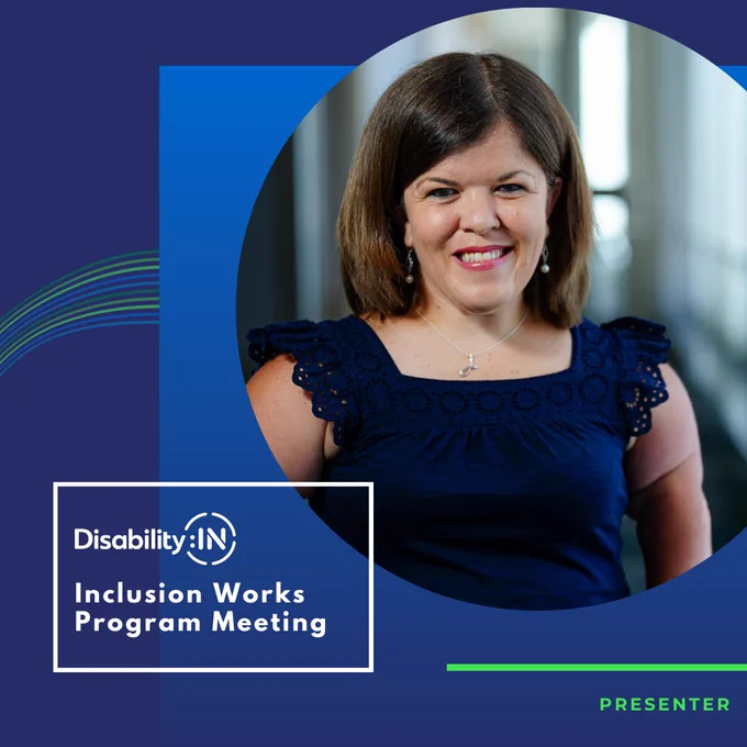 Blue gradient squares behind Becky's headshot. White text reads: DisabilityIN Inclusion Works Program Meeting. Green text reads: Presenter.