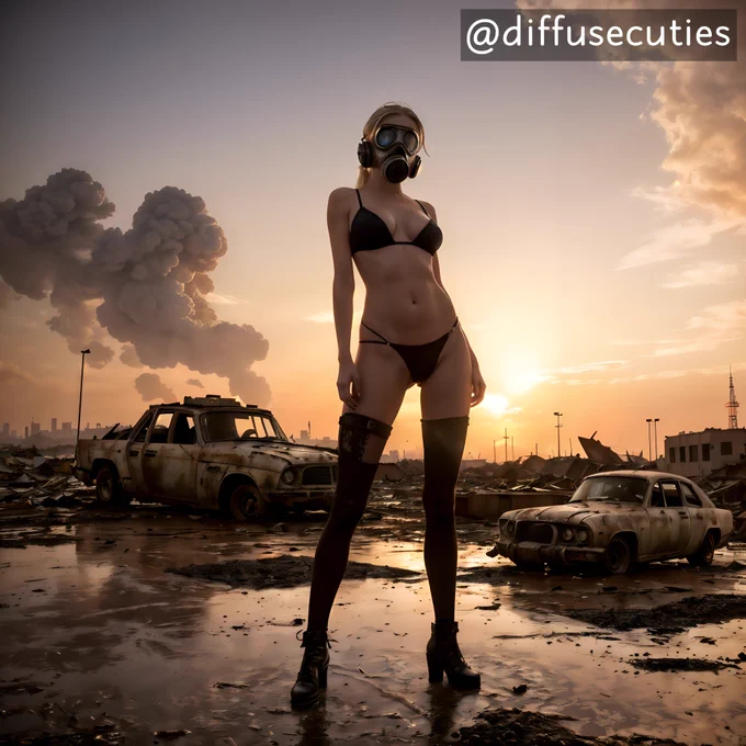post-apocalyptic world with tall skinny teenager wearing a gas mask bikini and long stockings, in a world destroyed by nuclear war. 1/5