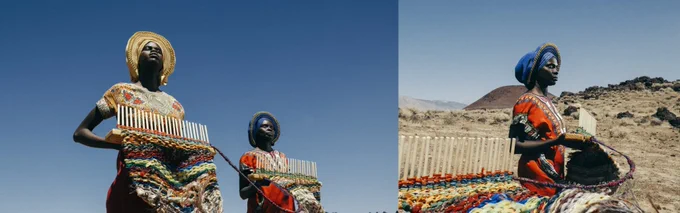 A photomontage of two images. On the left are two Sudanese women standing outside in a desert-like surrounding. They are wearing traditional South Sudanese clothing and accessories and are holding looms with which yarn is being knitted. On the left is one Sudanese woman standing outside in a desert-like surrounding. She is wearing traditional South Sudanese clothing and accessories and is holding a loom with which yarn is being knitted.