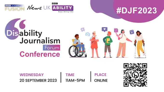 A graphical image re-sharing information from the tweet, plus the time 11am-5pm, and a QR code to the link in the tweet. The flyer features five illustrated people with visible and invisible disabilities.