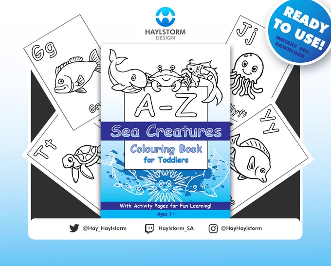 A-Z Sea Creatures Colouring Pages for Toddlers - Drawn by Haylstorm Design