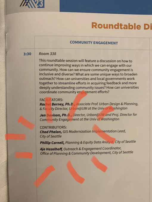 A photo inside a MetroLab Summit program that lists workshop presenters from the City of Seattle (Chad Phelan, Phillip Carnell, Aja Hazelhoff).