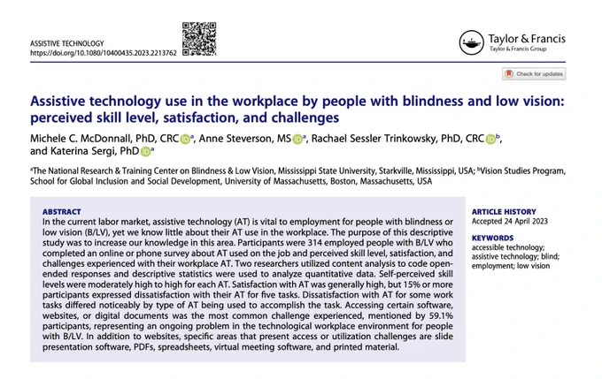 Image contains article indexing information, title, author details, full abstract, and keywords for Assistive Technology Journal article: “Assistive technology use in the workplace by people with blindness and low vision: perceived skill level, satisfaction, and challenges.”