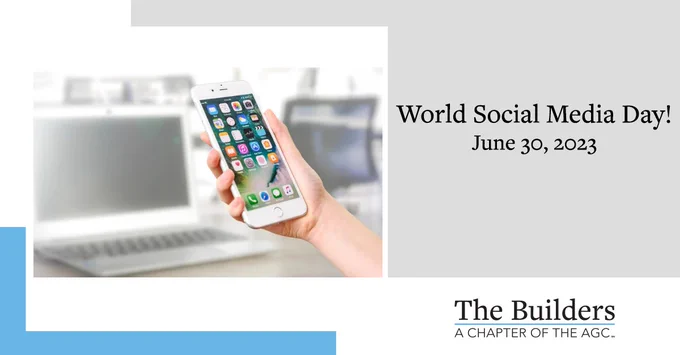Infographic with an image of someone holding a phone with the wording "World Social Media Day" and the date.