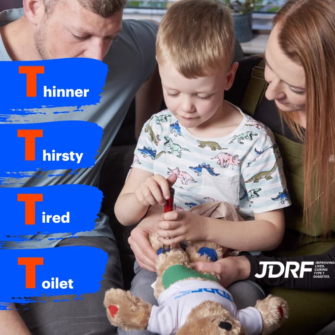 A photo of parents and a young boy practising insulin injections on his JDRF Rufus teddy bear.