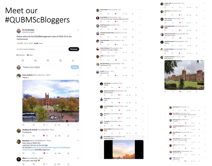 A screenshot of tweets from the #QUBMScBloggers