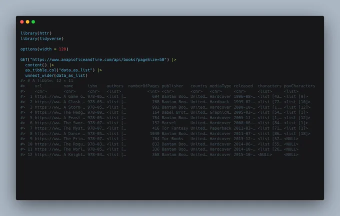 Demonstration of getting data from the Game of Thrones API into a tidy data frame using tidyr::unnest_wider().